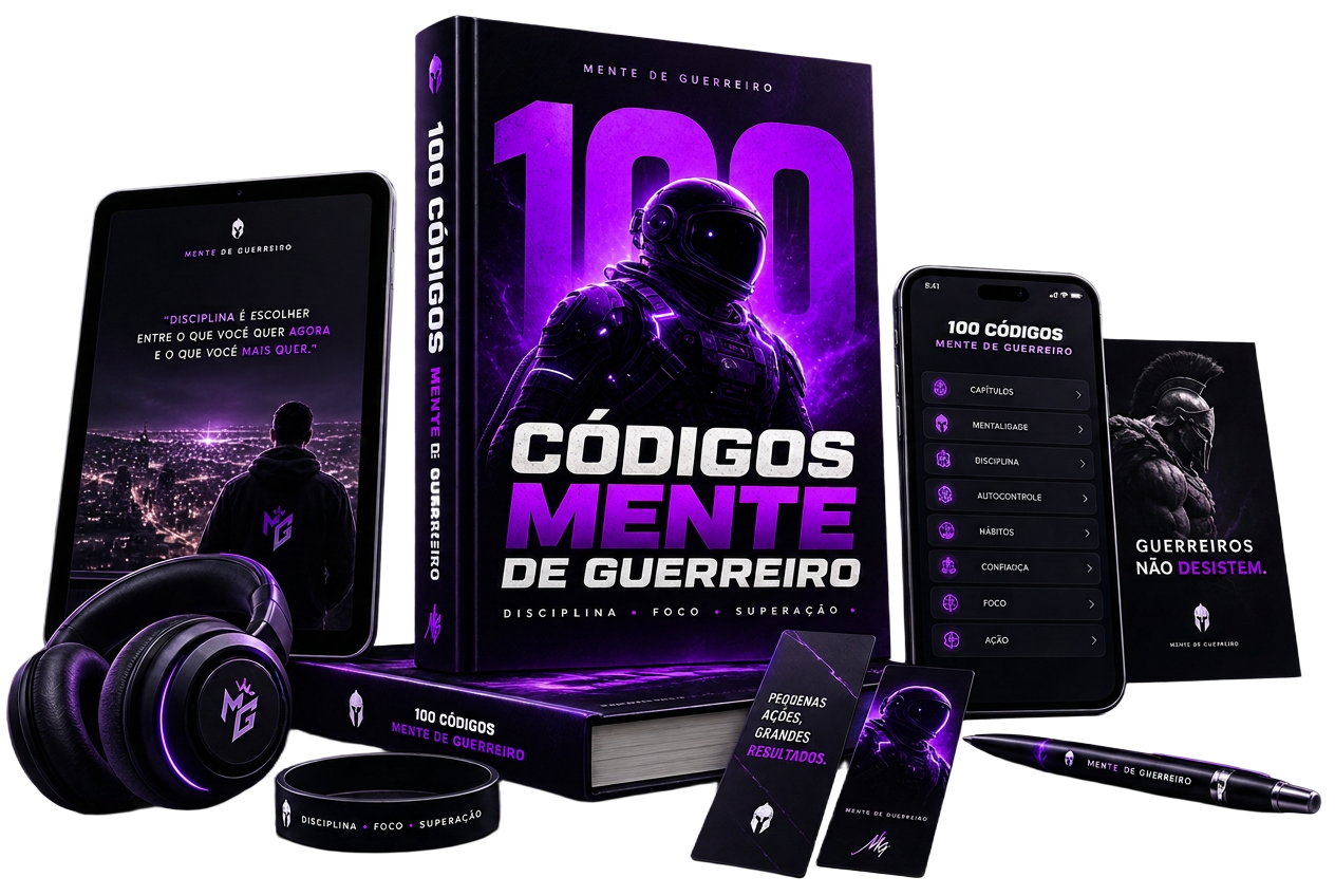 Mockup do produto 100 Códigos: Mente de Guerreiro — ebook, aplicativo e itens da coleção